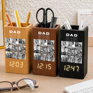 Gift For Father,Custom Photo,Sentimental,Upload Full Photo - Custom Photo B&W Daddy Father Motivation Gift - Personalized Pen Holder With Clock
