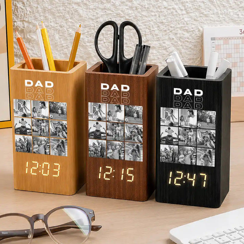 Gift For Father,Custom Photo,Sentimental,Upload Full Photo - Custom Photo B&W Daddy Father Motivation Gift - Personalized Pen Holder With Clock