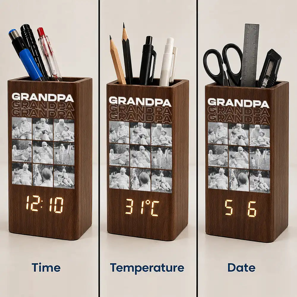 Gift For Father,Custom Photo,Sentimental,Upload Full Photo - Custom Photo B&W Daddy Father Motivation Gift - Personalized Pen Holder With Clock