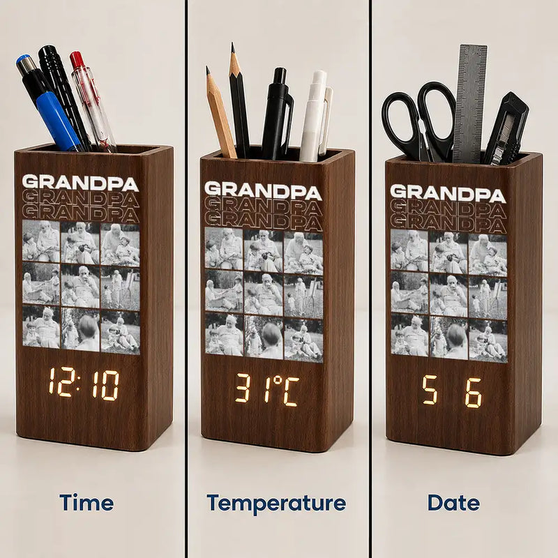 Gift For Father,Custom Photo,Sentimental,Upload Full Photo - Custom Photo B&W Daddy Father Motivation Gift - Personalized Pen Holder With Clock