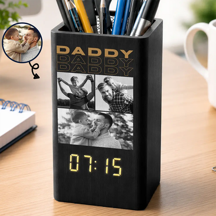 Custom Photo B&W Daddy Father Motivation Gift - Personalized Pen Holder With Clock