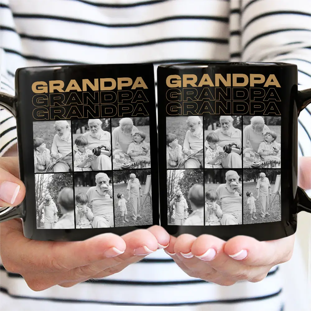Custom Photo,Gift For Father,Gift For Grandpa,Happy - Custom Photo B&W Daddy Grandpa - Personalized Black Mug