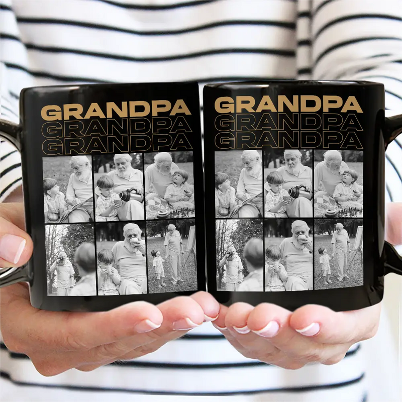 Custom Photo,Gift For Father,Gift For Grandpa,Happy - Custom Photo B&W Daddy Grandpa - Personalized Black Mug