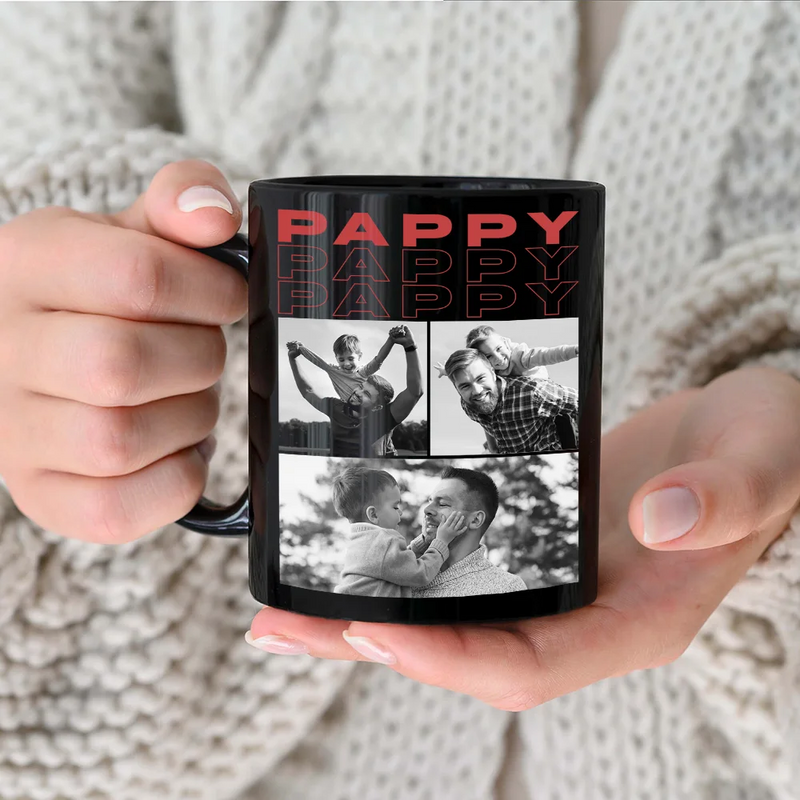 Custom Photo,Gift For Father,Gift For Grandpa,Happy - Custom Photo B&W Daddy Grandpa - Personalized Black Mug