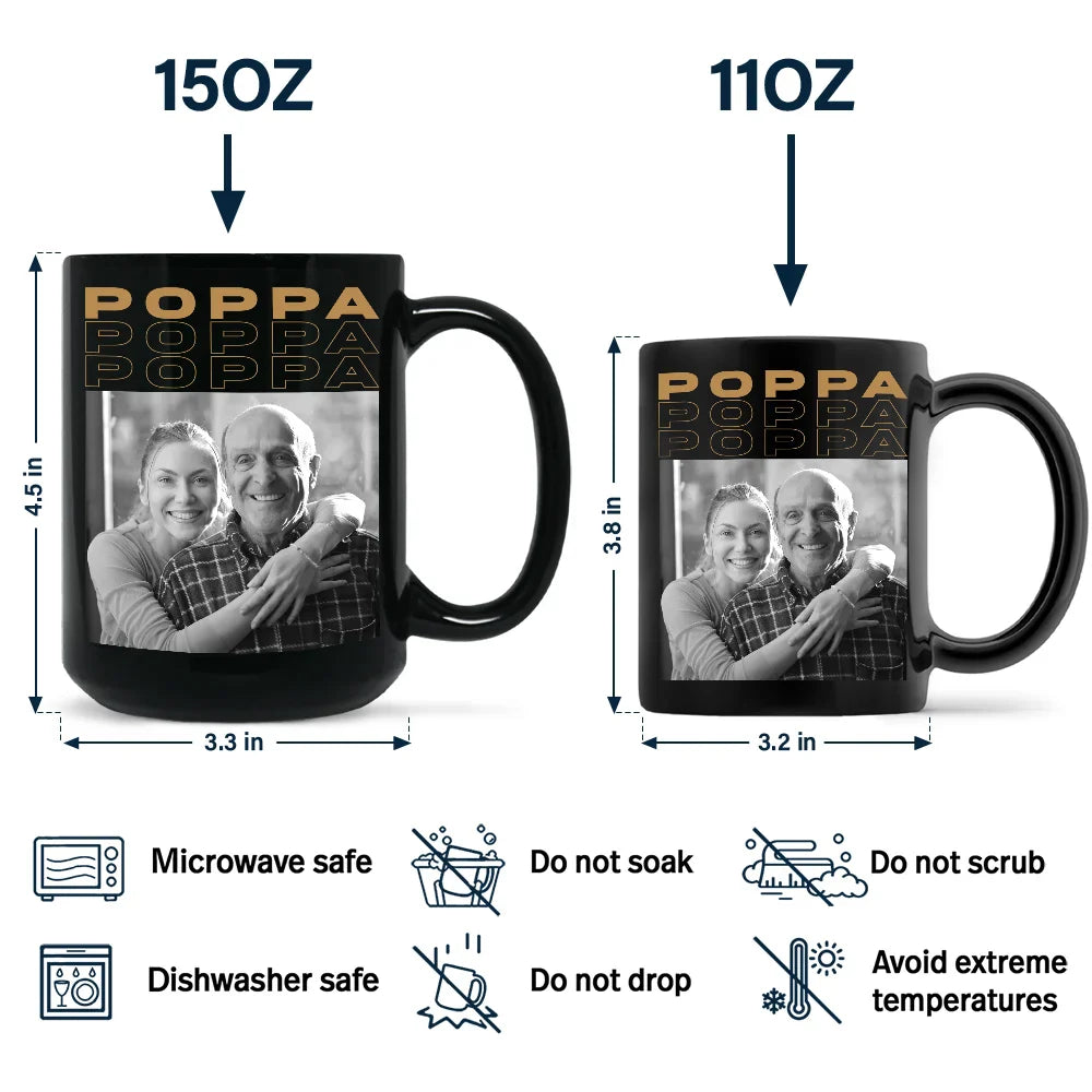 Custom Photo,Gift For Father,Gift For Grandpa,Happy - Custom Photo B&W Daddy Grandpa - Personalized Black Mug