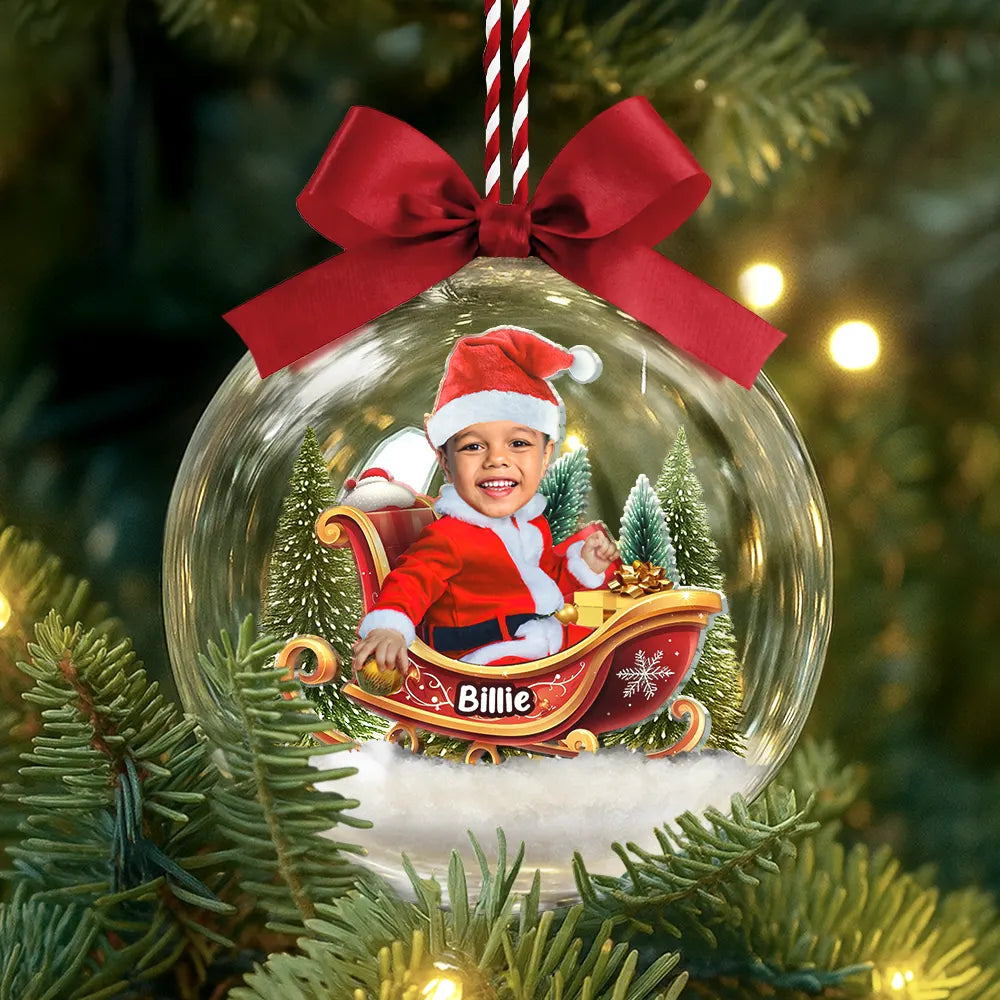 Gift For Kids,Custom Photo,Funny,Christmas - Custom Photo Baby And Kid In Sleigh - Personalized 3D Acrylic Ball Ornament