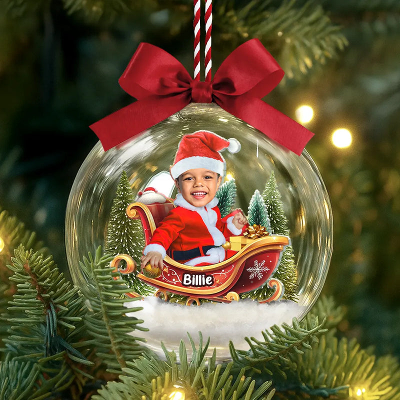 Gift For Kids,Custom Photo,Funny,Christmas - Custom Photo Baby And Kid In Sleigh - Personalized 3D Acrylic Ball Ornament