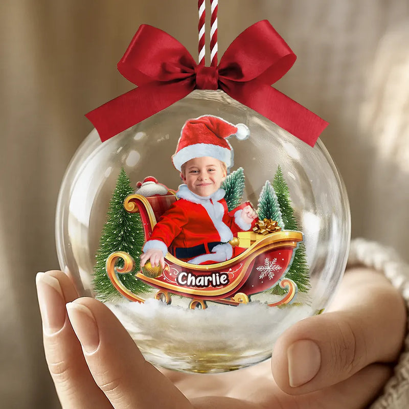 Gift For Kids,Custom Photo,Funny,Christmas - Custom Photo Baby And Kid In Sleigh - Personalized 3D Acrylic Ball Ornament