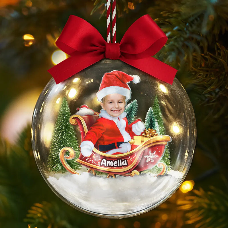 Gift For Kids,Custom Photo,Funny,Christmas - Custom Photo Baby And Kid In Sleigh - Personalized 3D Acrylic Ball Ornament