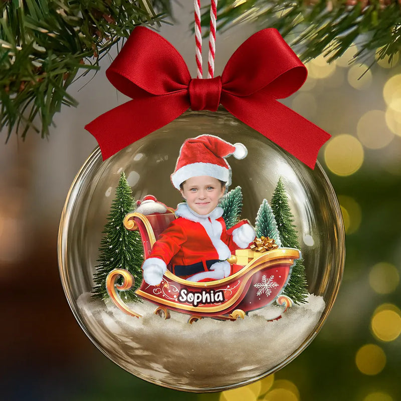 Gift For Kids,Custom Photo,Funny,Christmas - Custom Photo Baby And Kid In Sleigh - Personalized 3D Acrylic Ball Ornament
