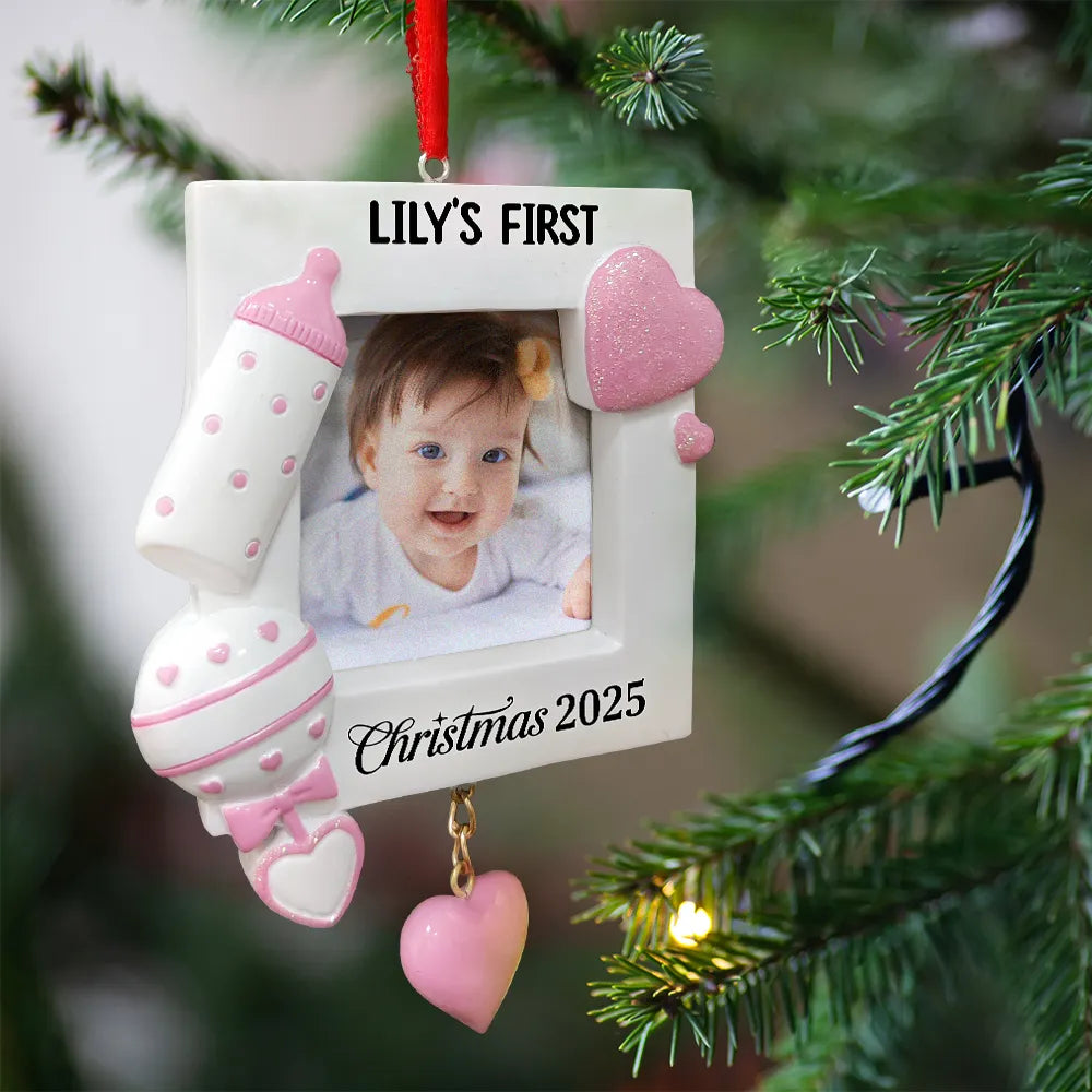 Custom Photo, Christmas, New baby, Family, Happy - Custom Photo Baby First Christmas - Personalized Embossed Ceramic Ornament