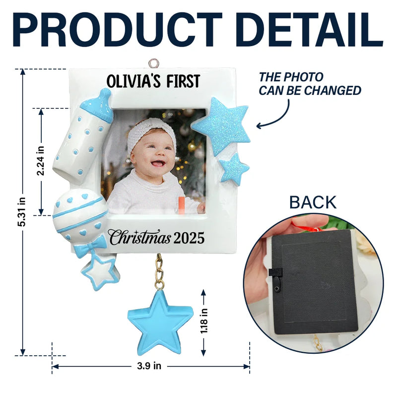 Custom Photo, Christmas, New baby, Family, Happy - Custom Photo Baby First Christmas - Personalized Embossed Ceramic Ornament