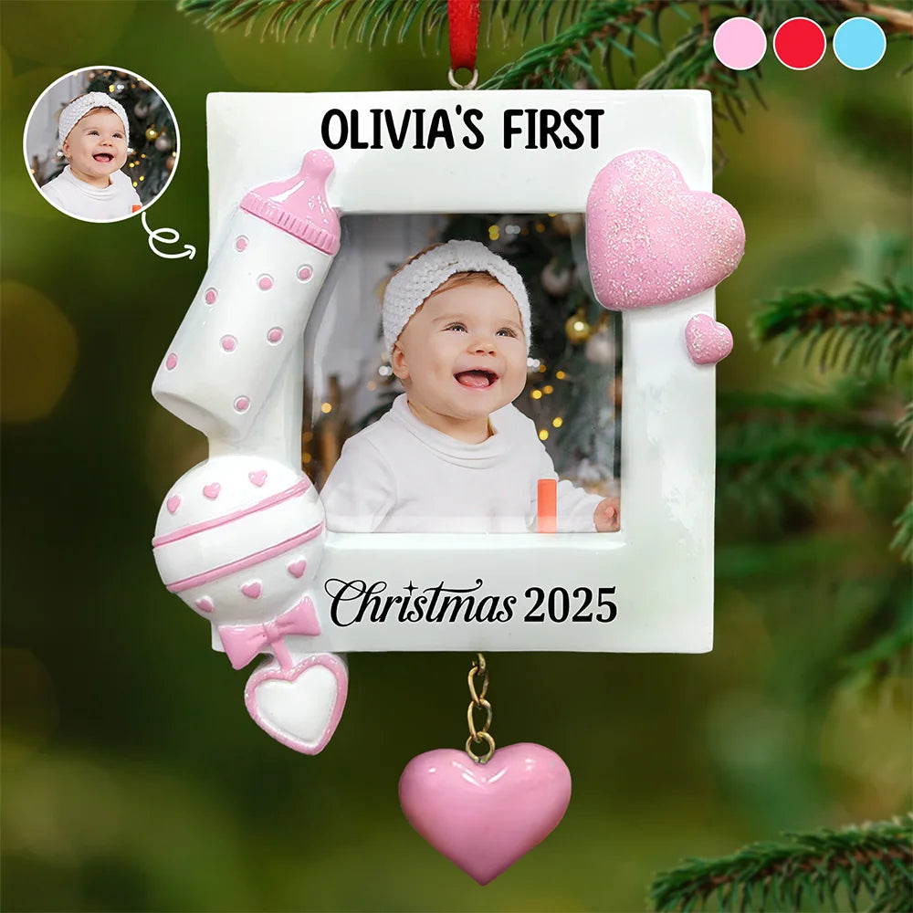 Custom Photo, Christmas, New baby, Family, Happy - Custom Photo Baby First Christmas - Personalized Embossed Ceramic Ornament