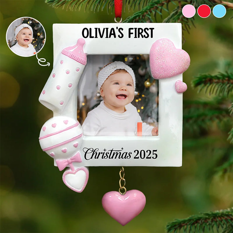 Custom Photo, Christmas, New baby, Family, Happy - Custom Photo Baby First Christmas - Personalized Embossed Ceramic Ornament