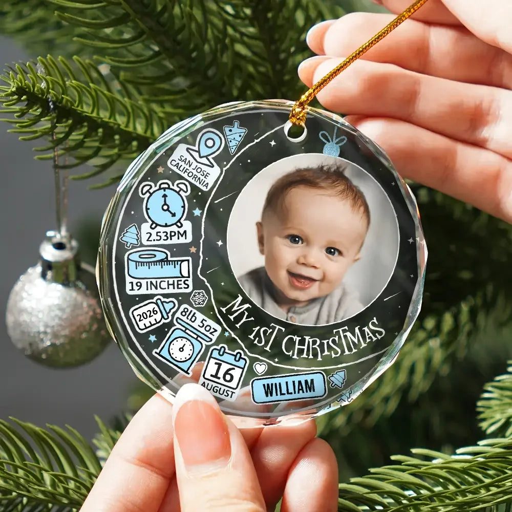 Custom Photo Baby First Christmas Information Icon - Personalized Circle Glass Ornament