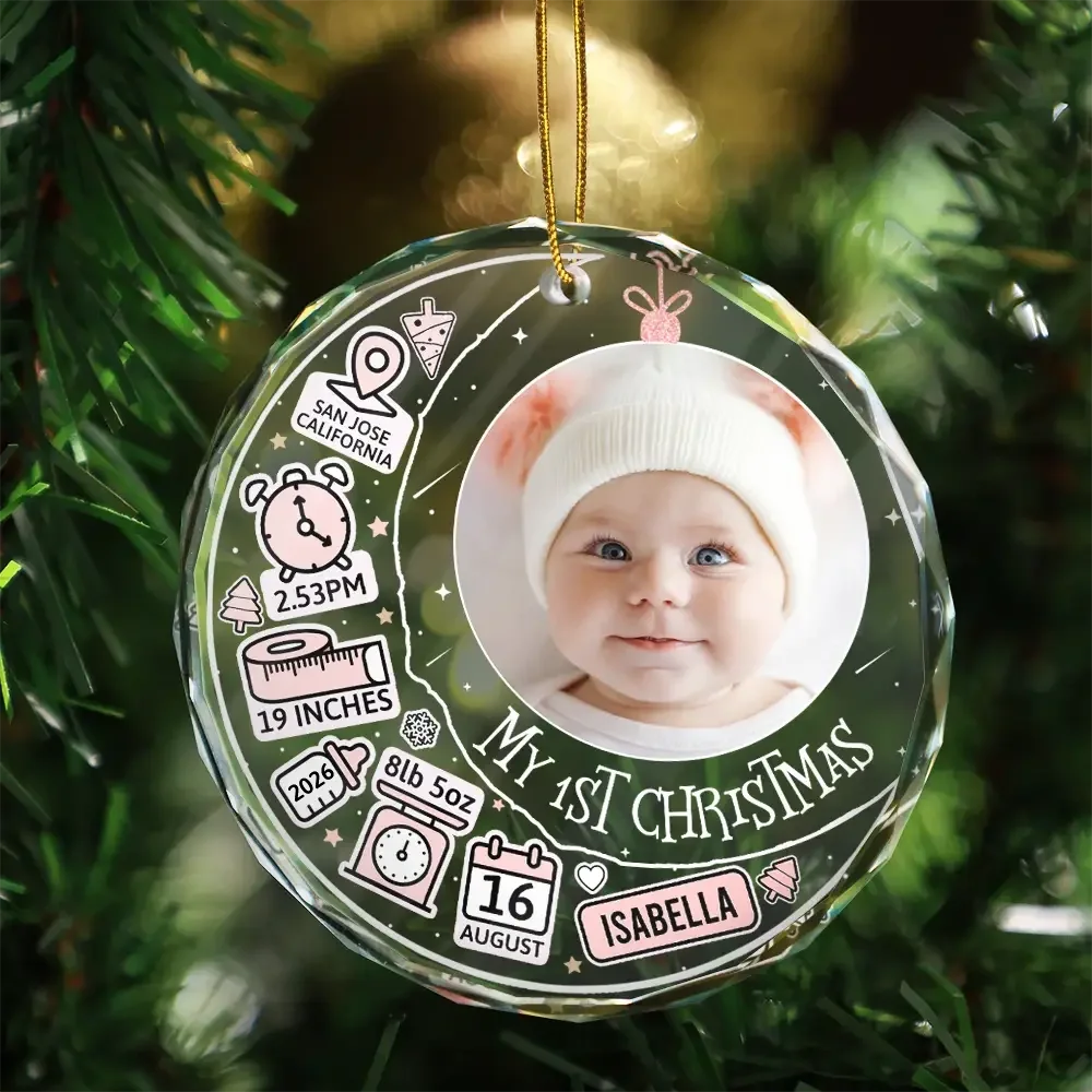 Custom Photo Baby First Christmas Information Icon - Personalized Circle Glass Ornament