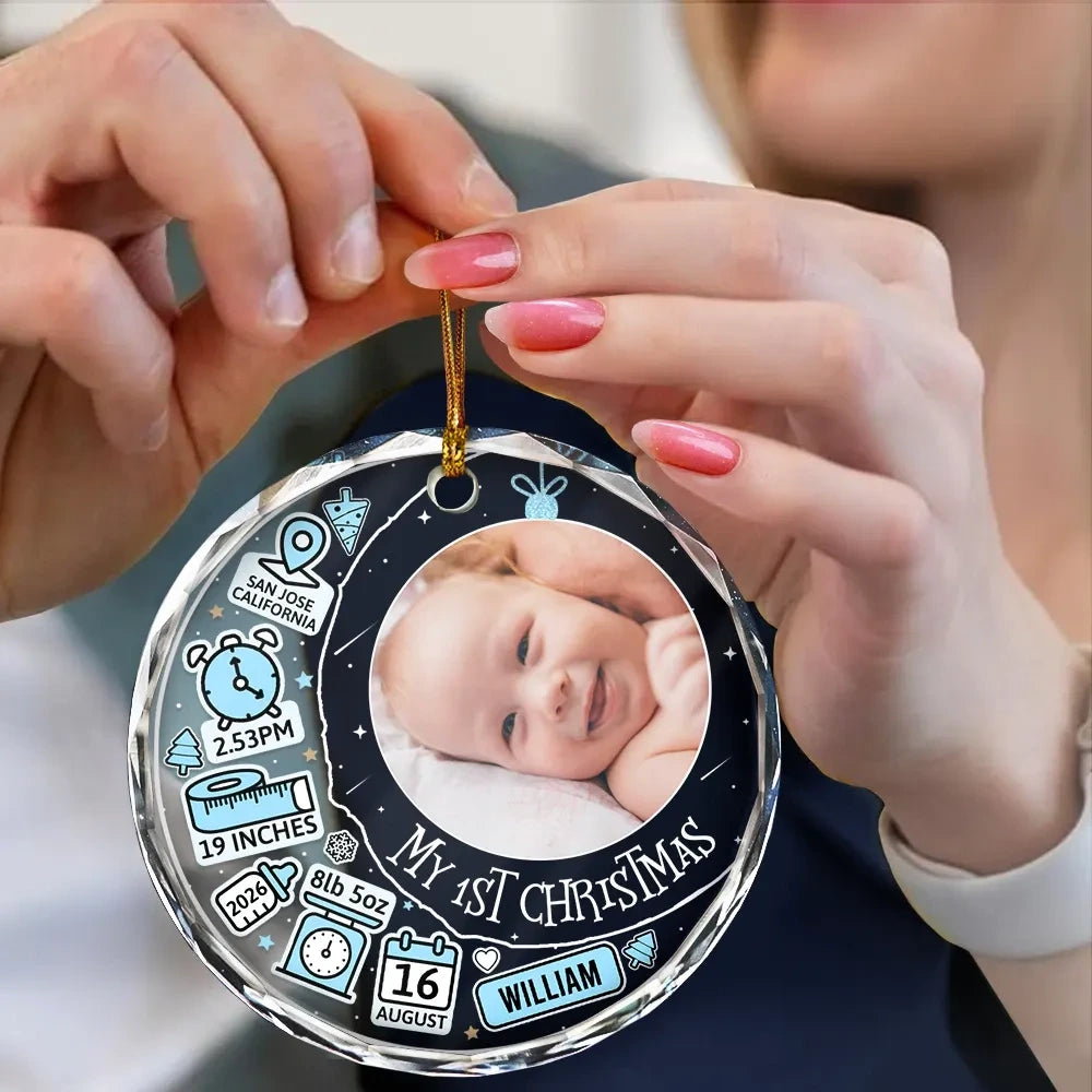 Custom Photo Baby First Christmas Information Icon - Personalized Circle Glass Ornament