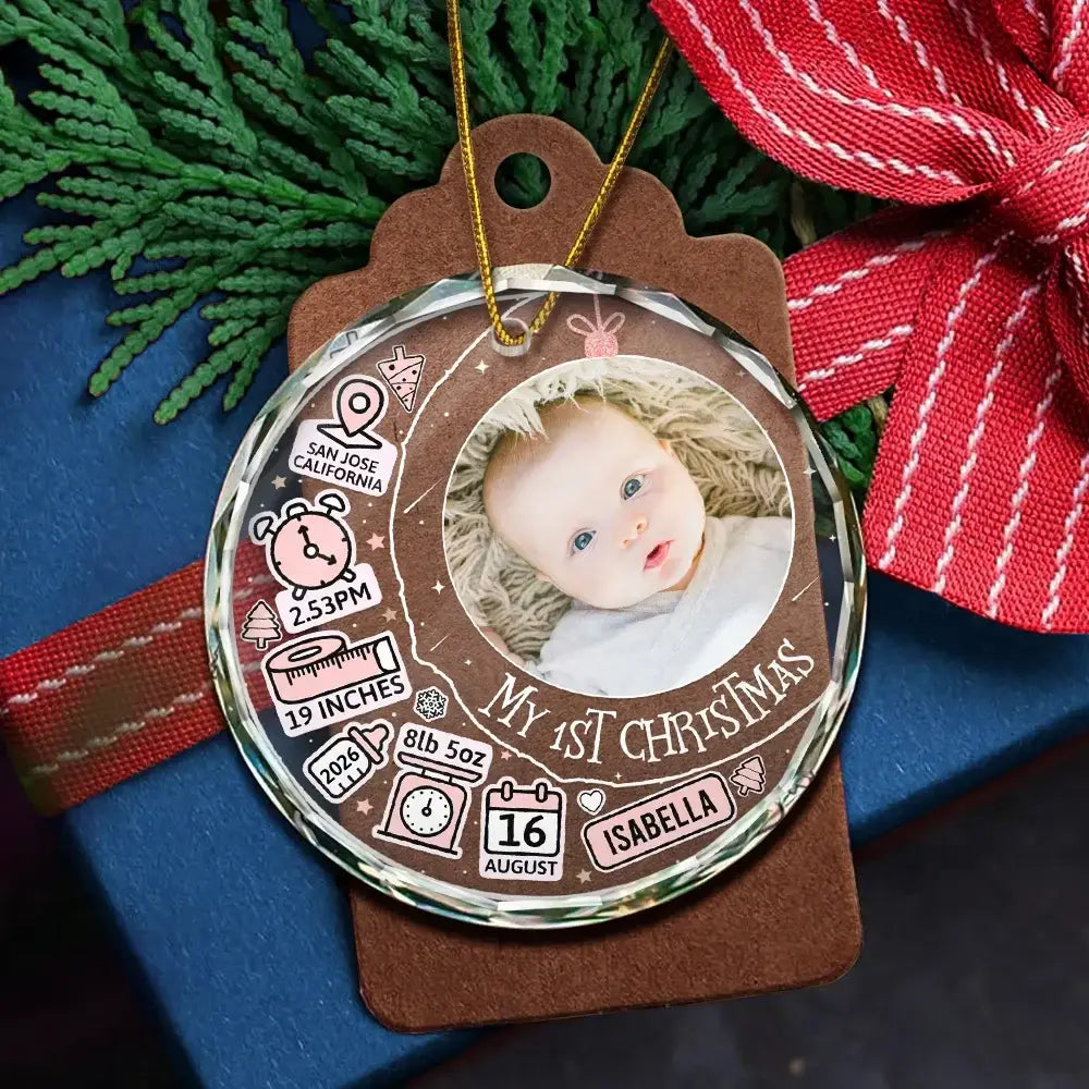 Custom Photo Baby First Christmas Information Icon - Personalized Circle Glass Ornament