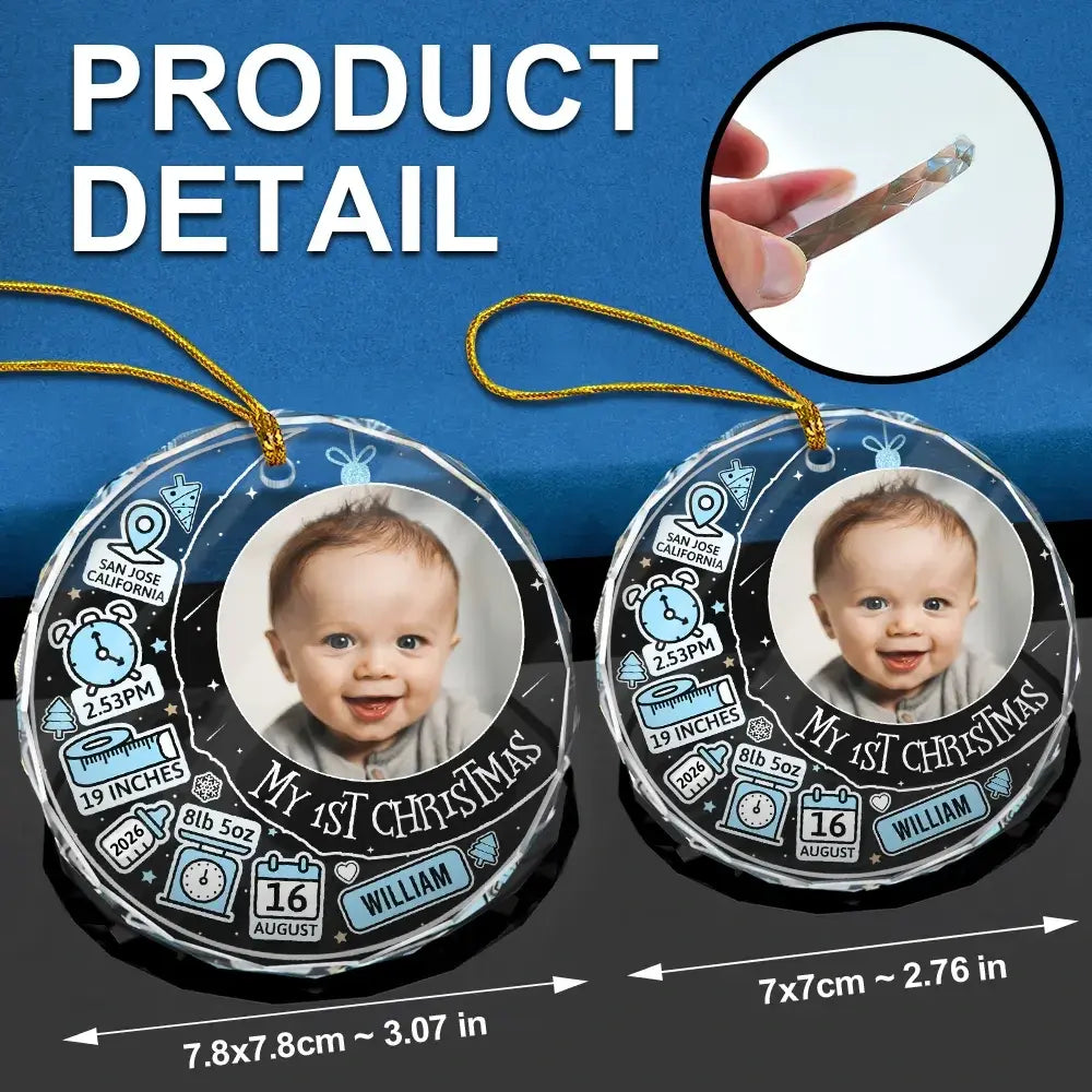 Custom Photo Baby First Christmas Information Icon - Personalized Circle Glass Ornament