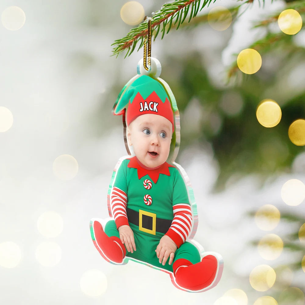 Christmas,Custom Photo,New baby,Family,Happy - Custom Photo Baby Newborn In Elf Costume - Personalized Custom Shaped Acrylic Ornament