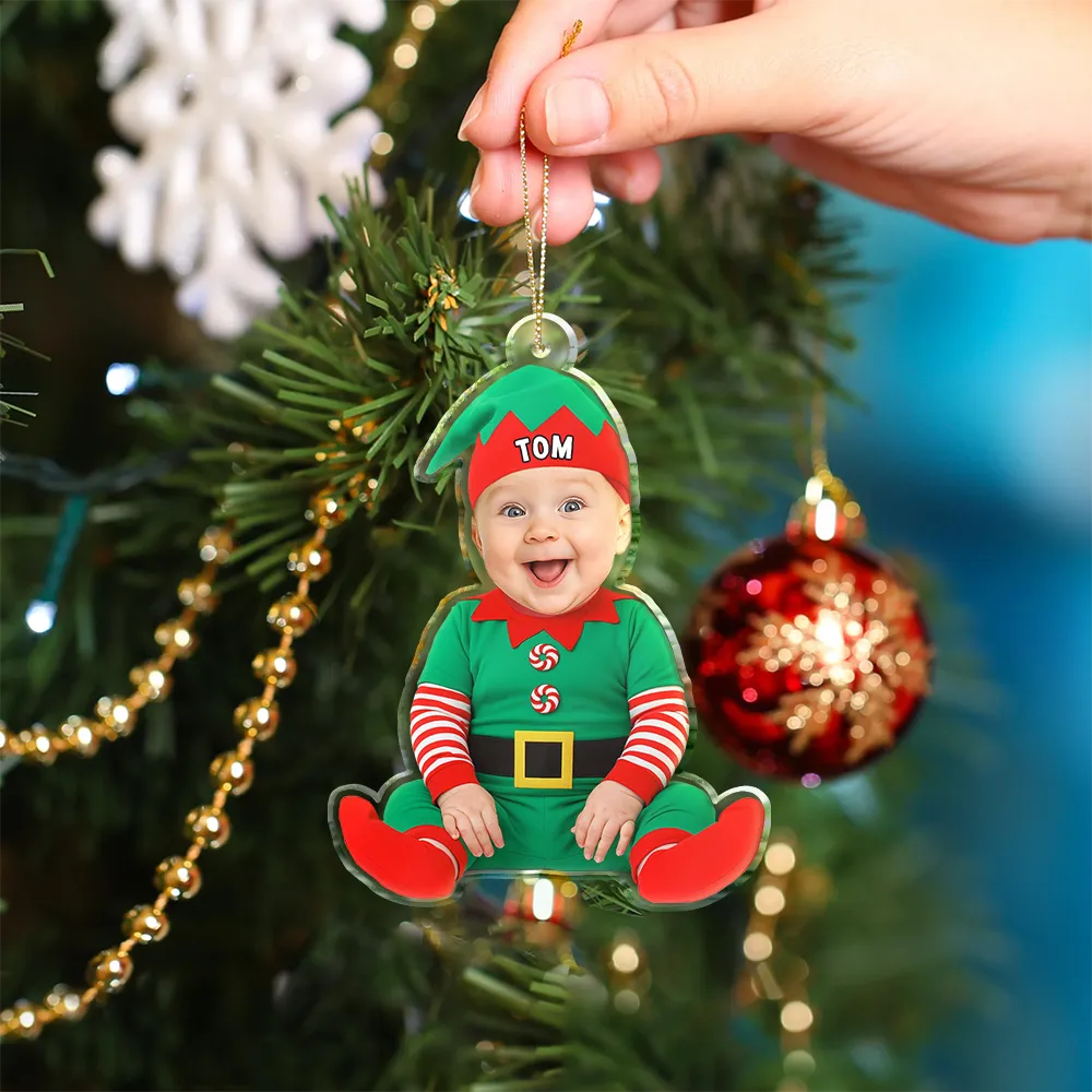 Christmas,Custom Photo,New baby,Family,Happy - Custom Photo Baby Newborn In Elf Costume - Personalized Custom Shaped Acrylic Ornament