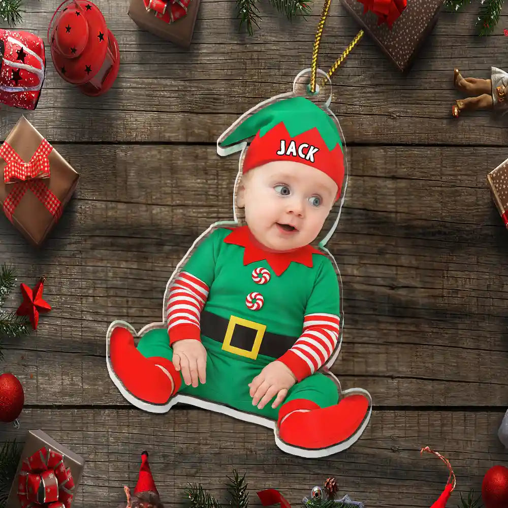 Christmas,Custom Photo,New baby,Family,Happy - Custom Photo Baby Newborn In Elf Costume - Personalized Custom Shaped Acrylic Ornament