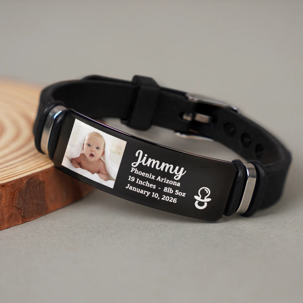 Custom Photo,New Dad,New Mom,New baby,Gift For Father,Happy,Non-Eng,Photo - Custom Photo Baby Newborn Information - Personalized Engraved Bracelet