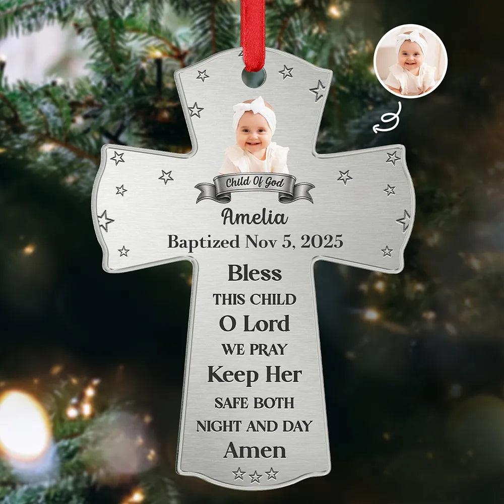 Custom Photo Baptism Cross God Bless This Child - Personalized Metal Ornament