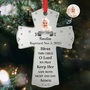 Christmas, New baby - Custom Photo Baptism Cross God Bless This Child - Personalized Metal Ornament