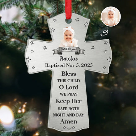 Custom Photo Baptism Cross God Bless This Child - Personalized Metal Ornament