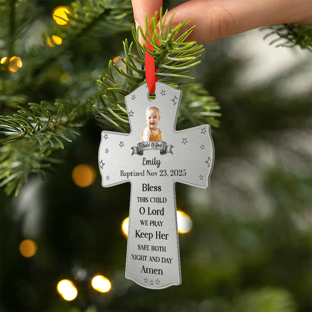Christmas, New baby - Custom Photo Baptism Cross God Bless This Child - Personalized Metal Ornament