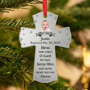 Christmas, New baby - Custom Photo Baptism Cross God Bless This Child - Personalized Metal Ornament