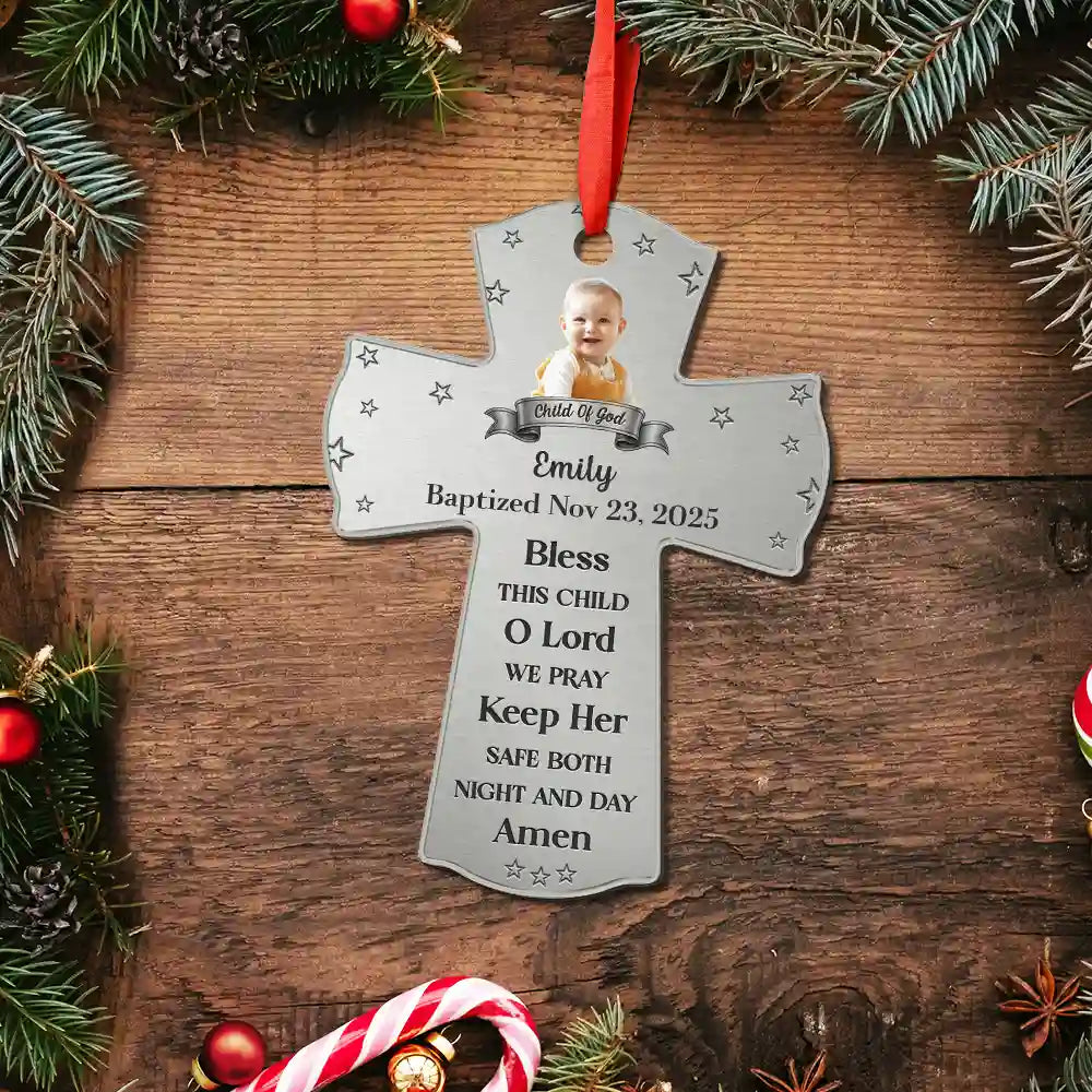Christmas, New baby - Custom Photo Baptism Cross God Bless This Child - Personalized Metal Ornament