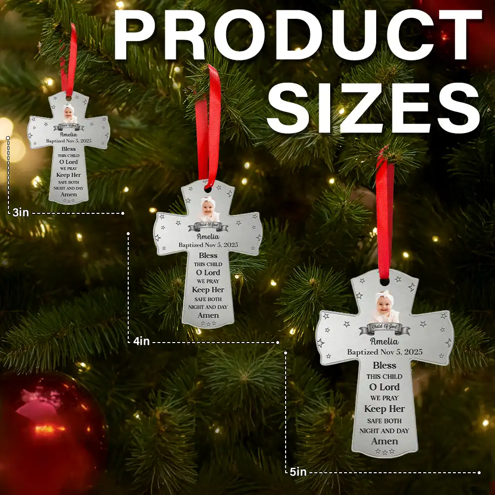 Christmas, New baby - Custom Photo Baptism Cross God Bless This Child - Personalized Metal Ornament