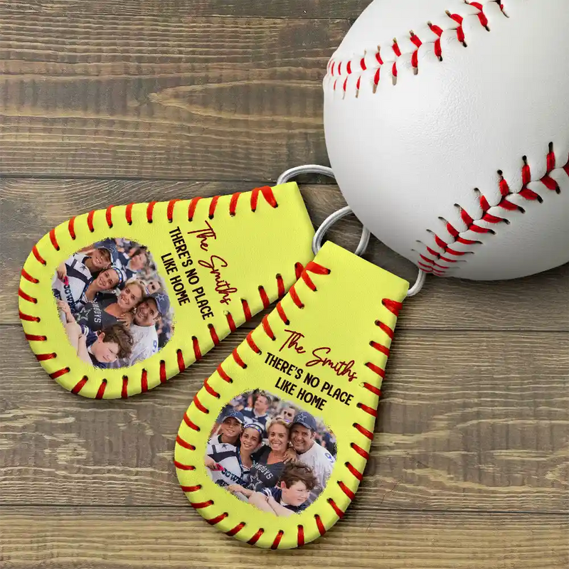 Gift For Father,Family,Baseball,Happy - Custom Photo Baseball Family There's No Place Like Home - Personalized Leather Baseball Keychain