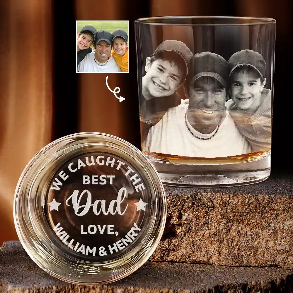 Gift For Father, Gift For Grandpa, Custom Photo, Love - Custom Photo Baseball Fishing We Caught The Best Dad Papa - Personalized Engraved Whiskey Glass