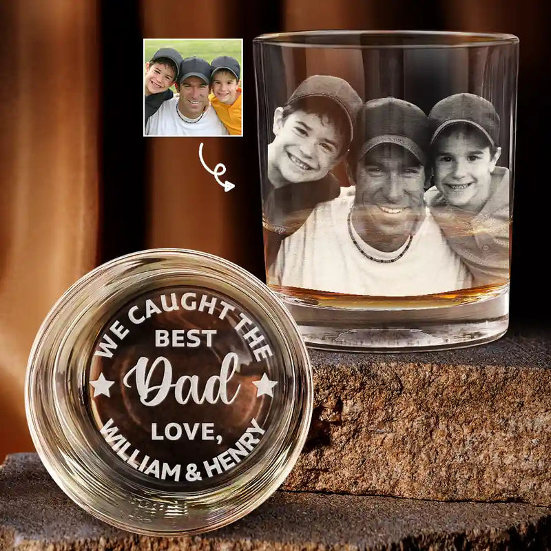 Gift For Father, Gift For Grandpa, Custom Photo, Love - Custom Photo Baseball Fishing We Caught The Best Dad Papa - Personalized Engraved Whiskey Glass