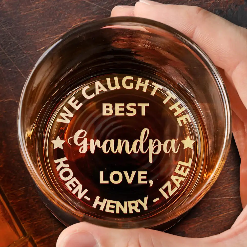 Gift For Father, Gift For Grandpa, Custom Photo, Love - Custom Photo Baseball Fishing We Caught The Best Dad Papa - Personalized Engraved Whiskey Glass