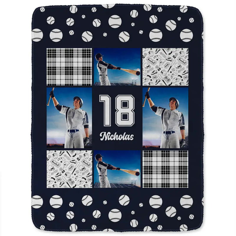 Custom Photo,Happy,Baseball,Gift For Kids - Custom Photo Baseball Pattern - Personalized Fleece Blanket, Sherpa Blanket