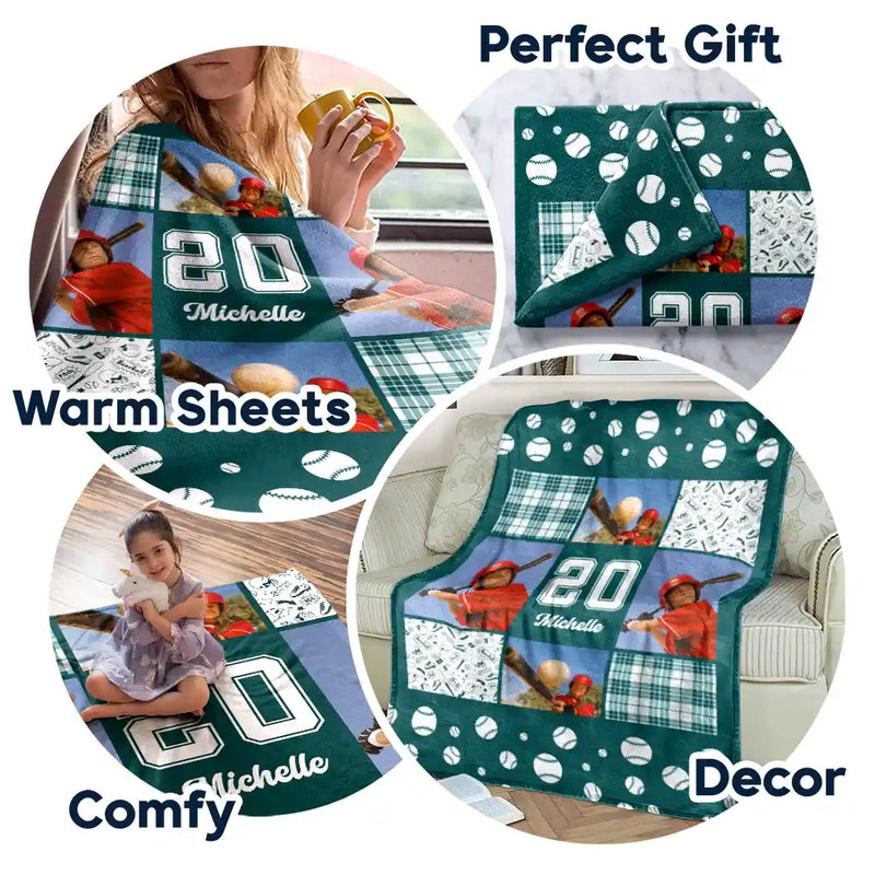 Custom Photo,Happy,Baseball,Gift For Kids - Custom Photo Baseball Pattern - Personalized Fleece Blanket, Sherpa Blanket