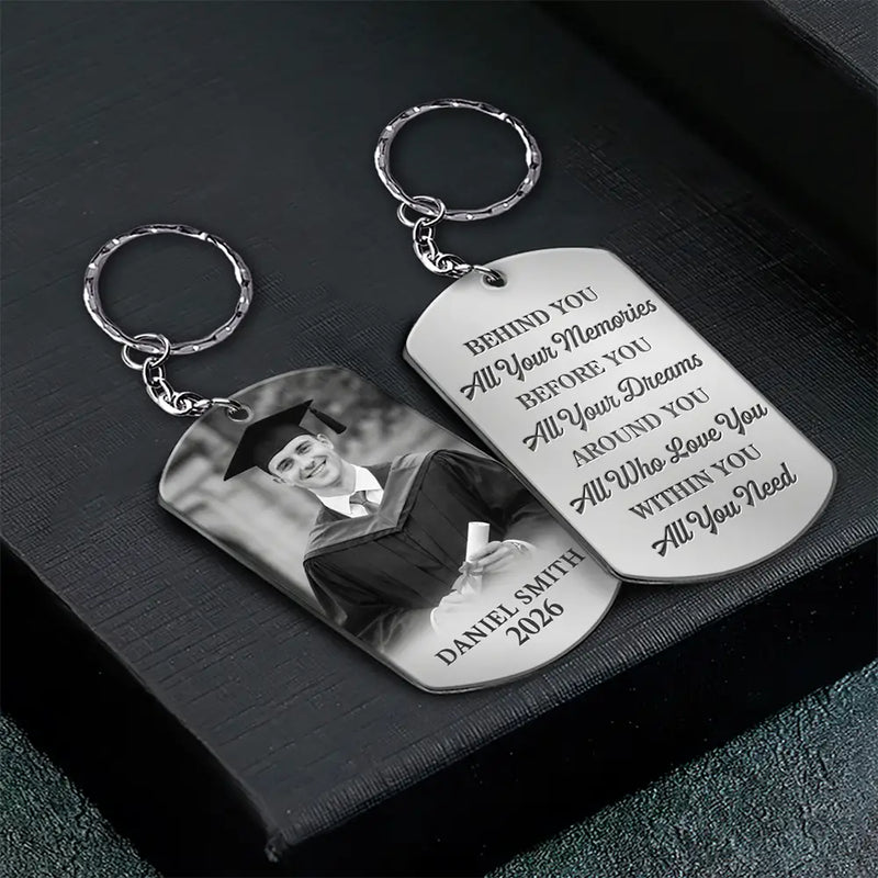 Gift For Yourself,Graduation,Gift For Women,Gift For Men,Gift For Daughter,Gift For Son,Gift For Bestie,Photo,Proud - Custom Photo Behind You All Memories Congrats Grad - Personalized Aluminum Keychain