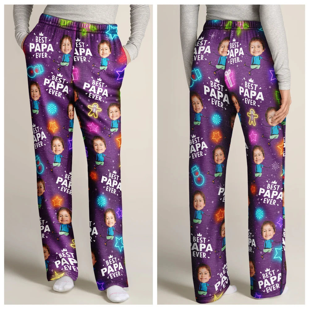 Christmas,Family,Custom Photo,Gift For Father,Gift For Mother,Happy - Custom Photo Best Dad Ever Neon Style - Personalized Pajama Pants