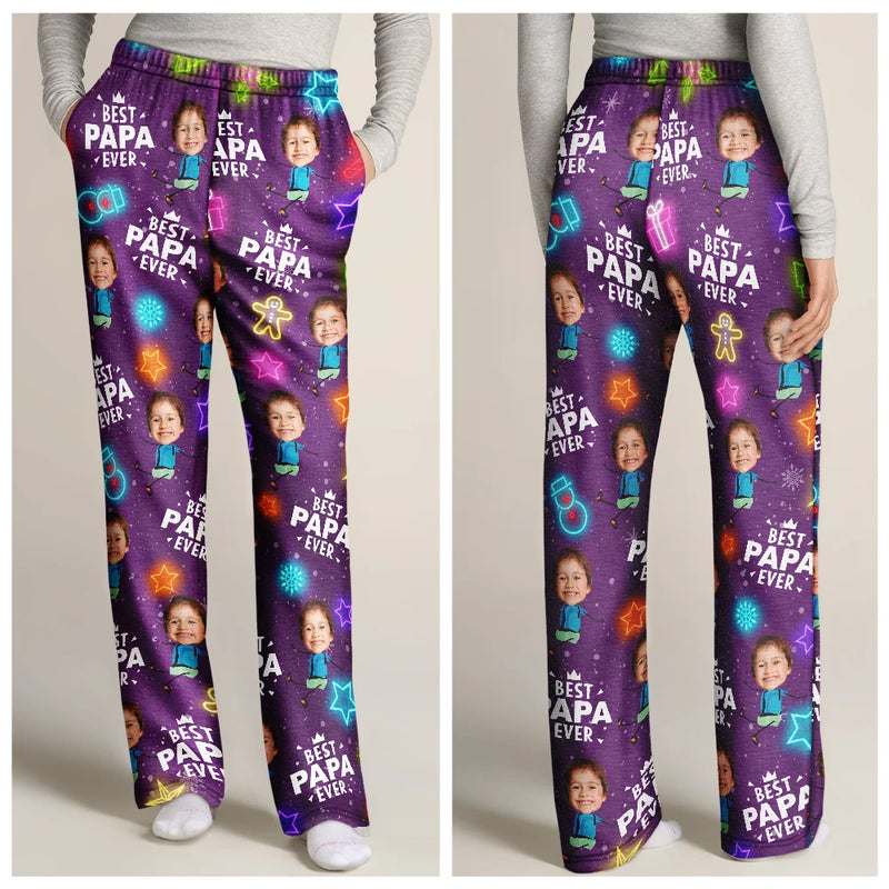 Christmas,Family,Custom Photo,Gift For Father,Gift For Mother,Happy - Custom Photo Best Dad Ever Neon Style - Personalized Pajama Pants