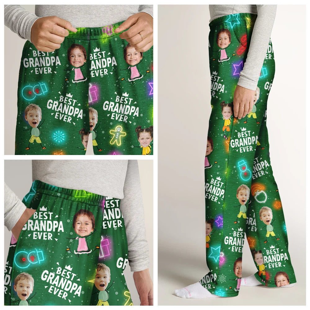 Christmas,Family,Custom Photo,Gift For Father,Gift For Mother,Happy - Custom Photo Best Dad Ever Neon Style - Personalized Pajama Pants