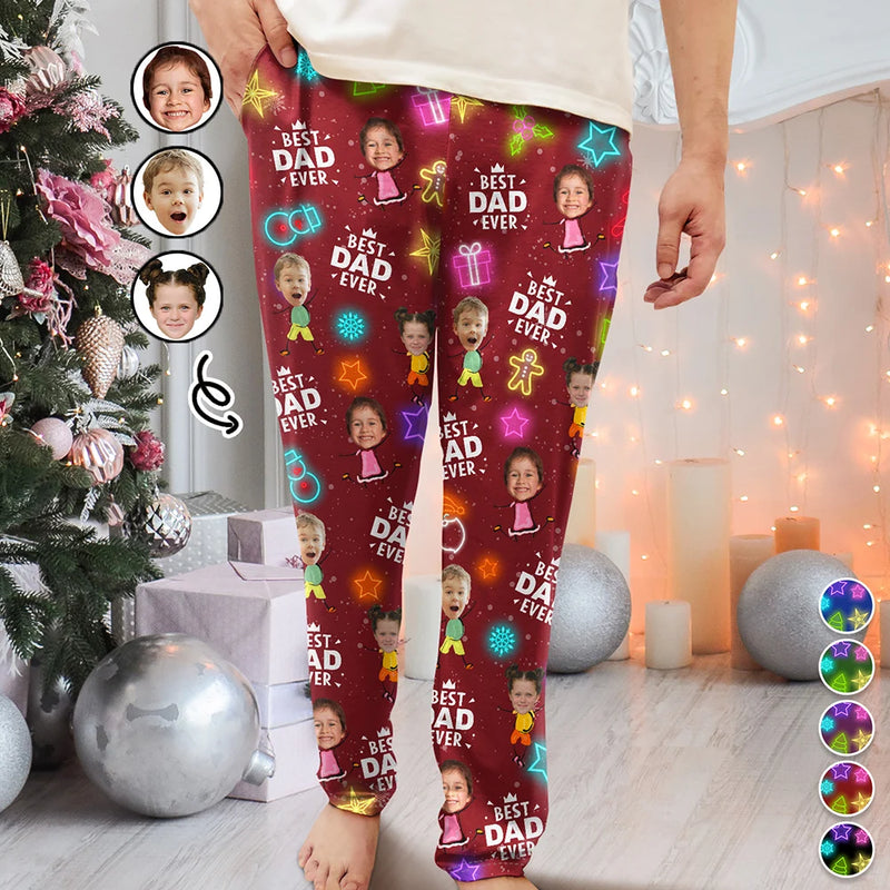 Christmas,Family,Custom Photo,Gift For Father,Gift For Mother,Happy - Custom Photo Best Dad Ever Neon Style - Personalized Pajama Pants