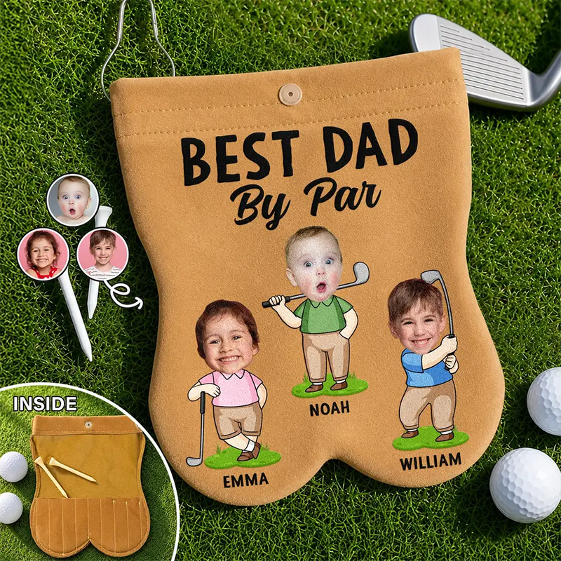 Gift For Father,Confident,Golf,Icon,Cut-Face Photo - Custom Photo Best Dad By Par Funny Kid - Personalized Golf Ball Sacks