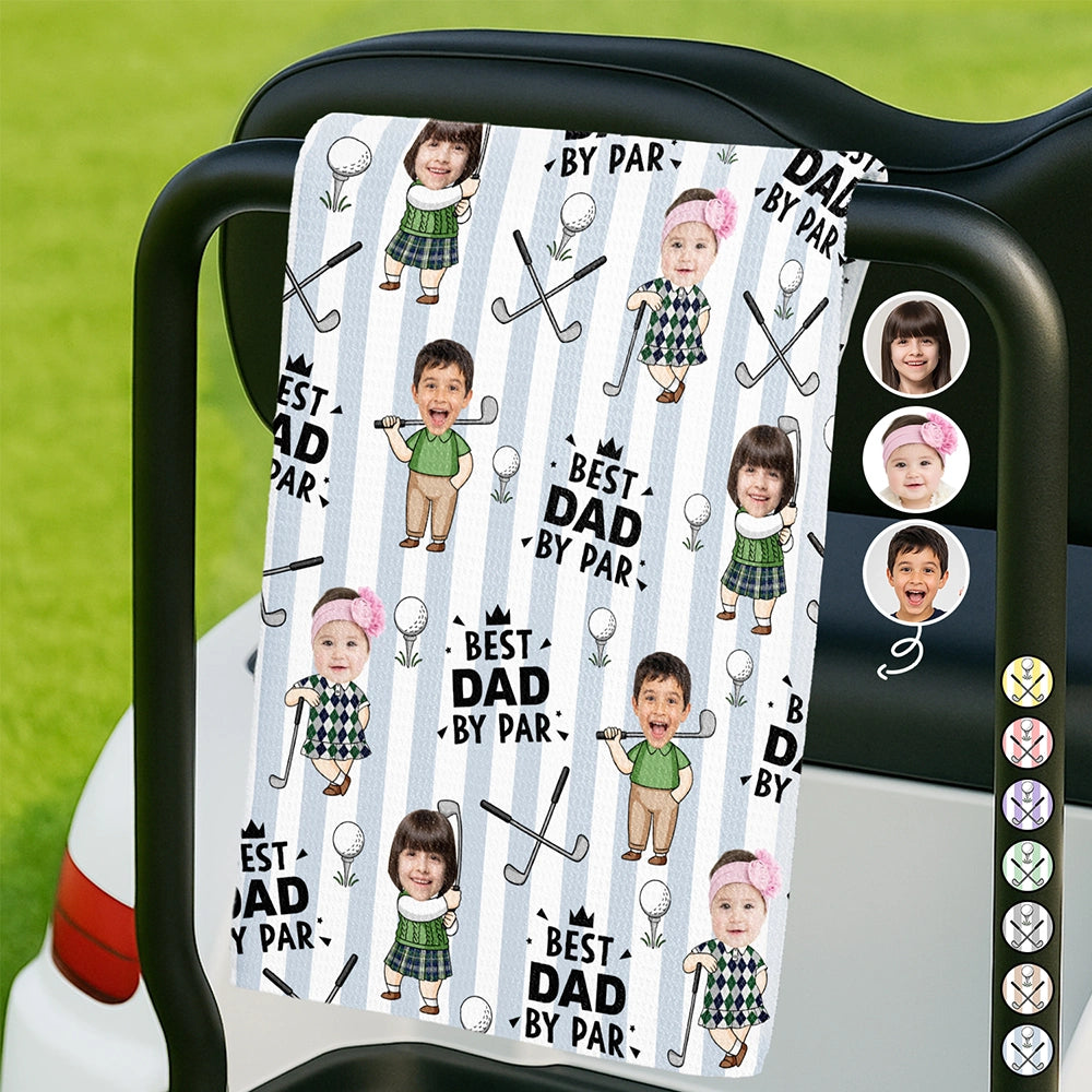 Custom Photo Best Dad By Par Funny Kid Stripe - Personalized Golf Towel