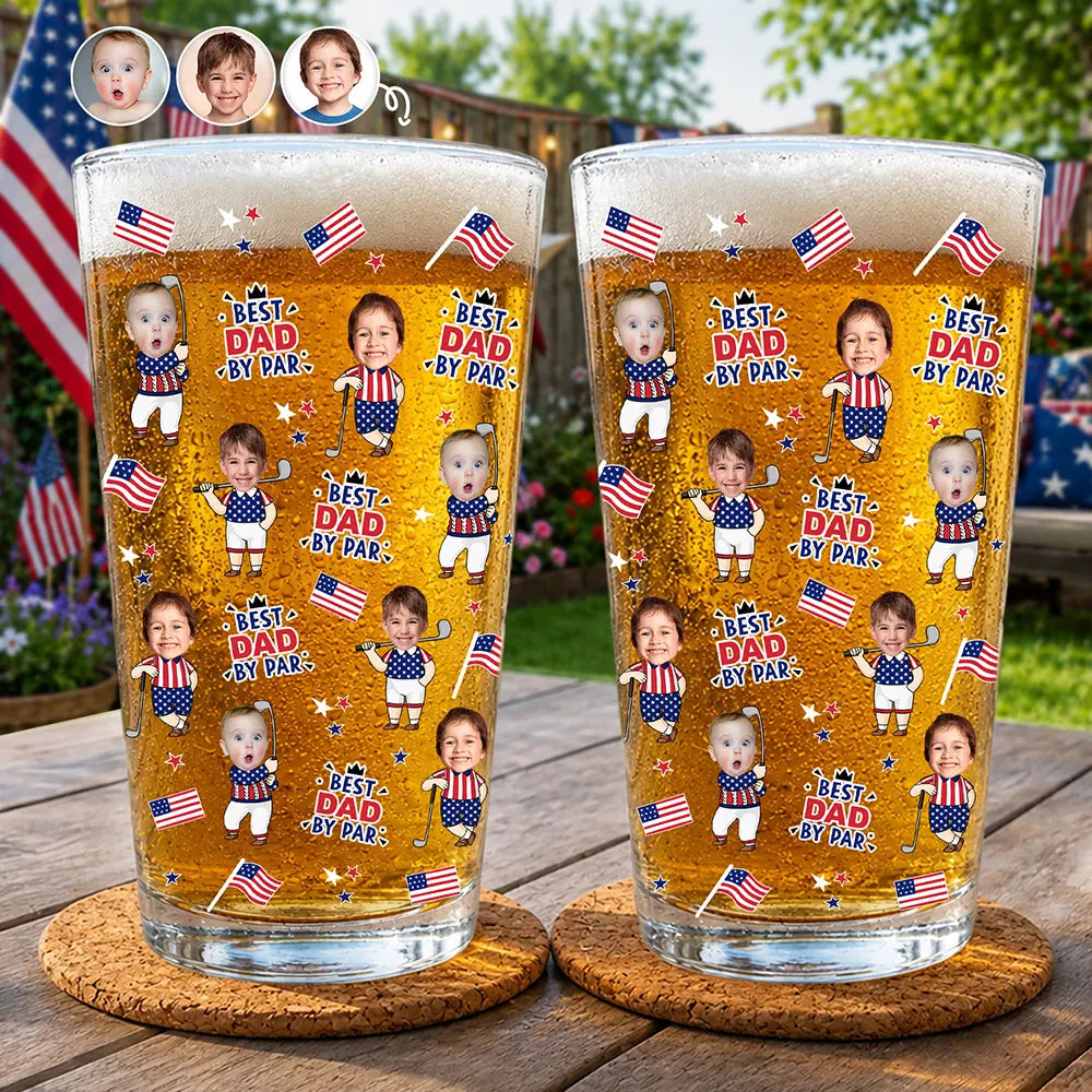 Custom Photo Best Dad By Par Funny Kid US Flag - Personalized Beer Glass