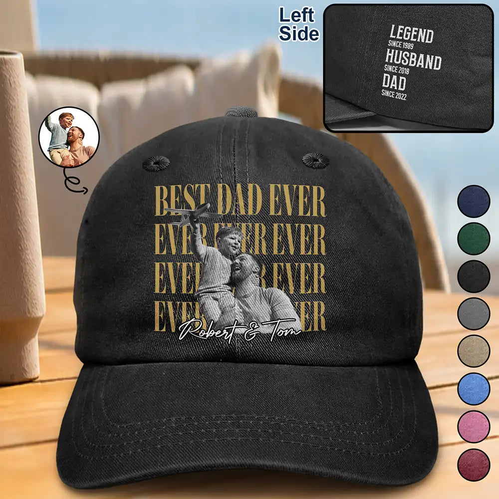 Custom Photo Best Dad Ever Ever Ever Vintage - Personalized Vintage Washed Denim Cap