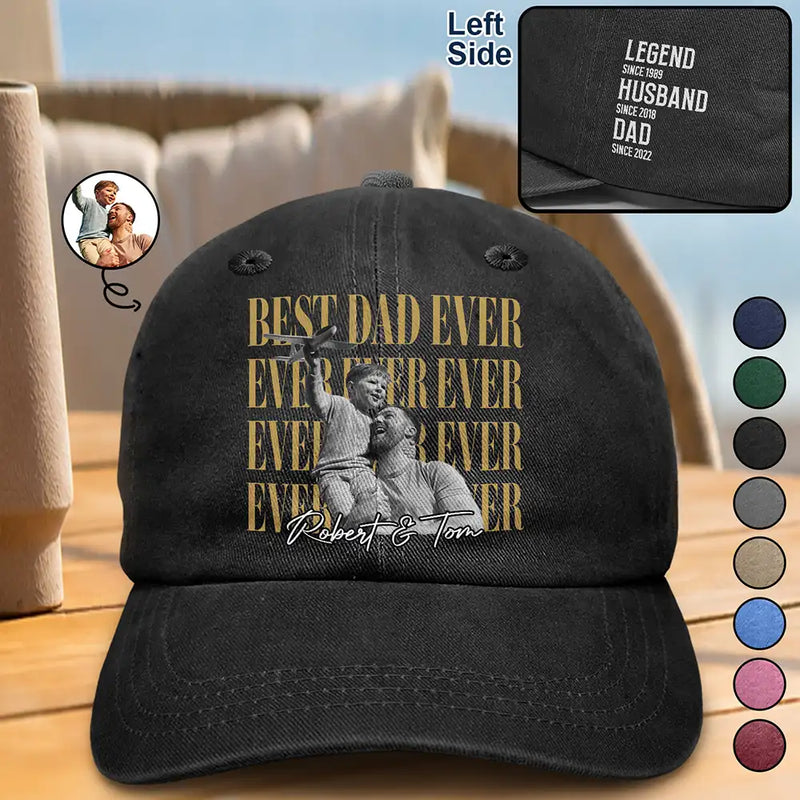 Gift For Father,Gift For Grandpa,Non-Eng,Photo,Proud - Custom Photo Best Dad Ever Ever Ever Vintage - Personalized Vintage Washed Denim Cap